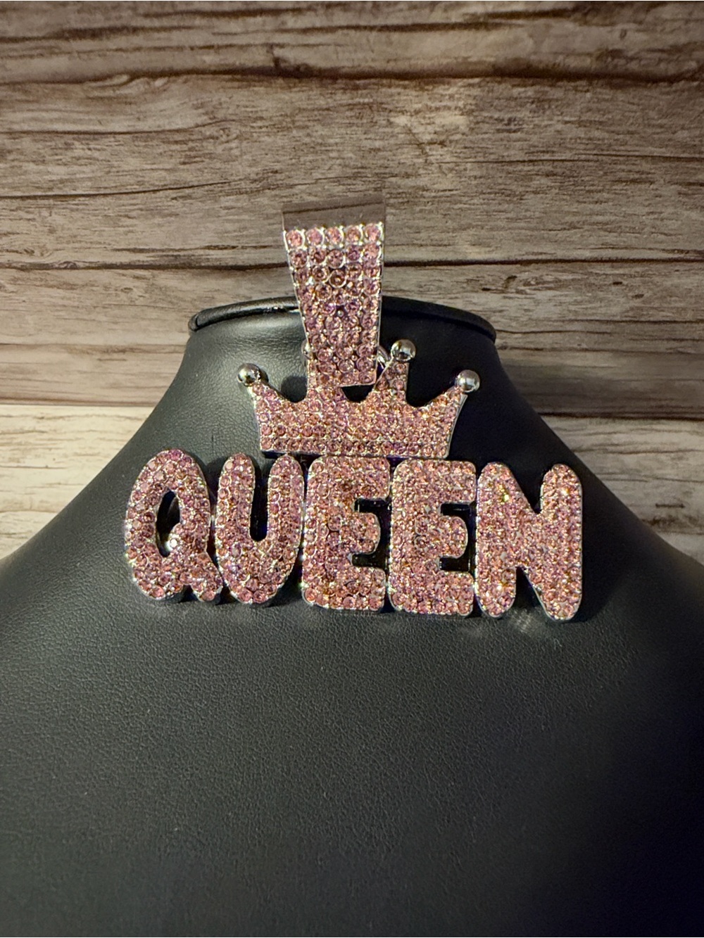 Iced Out Bling Pink Crystal 'QUEEN' Crown Pendant For Necklace Stainless Steel